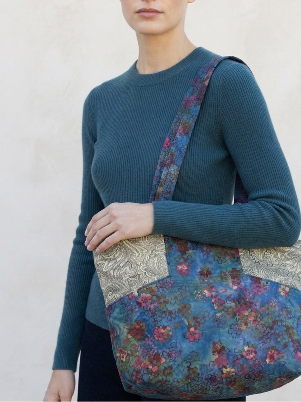 Handmade Blue Floral Patchwork Tote Shoulder Bag with Paisley Trim